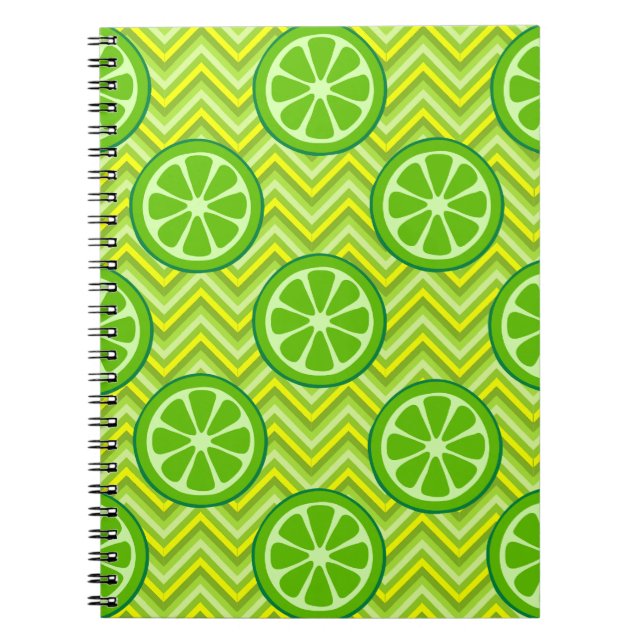 Bright Summer Citrus Limes on Green Yellow Chevron Notebook (Front)