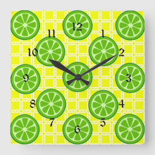 Bright Summer Citrus Limes on Yellow Square Tiles Square Wall Clock