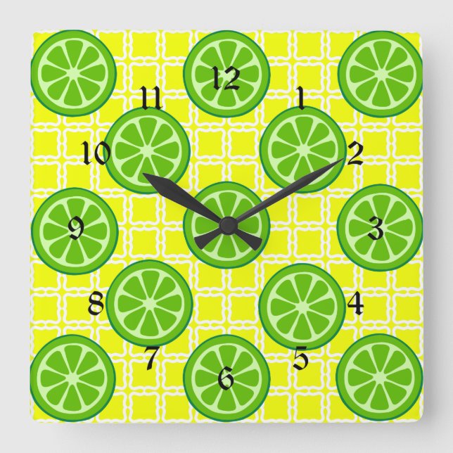 Bright Summer Citrus Limes on Yellow Square Tiles Wall Clock (Front)