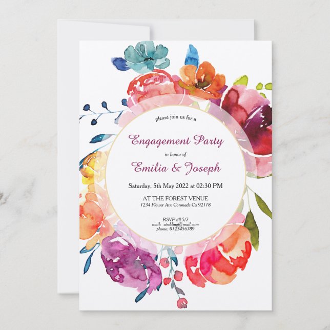Bright Summer colourful purple floral Engagement Invitation (Front)