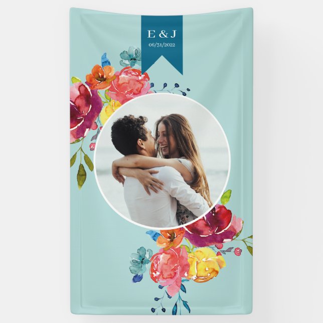 Bright Summer colourful turquoise floral Wedding Banner (Vertical)