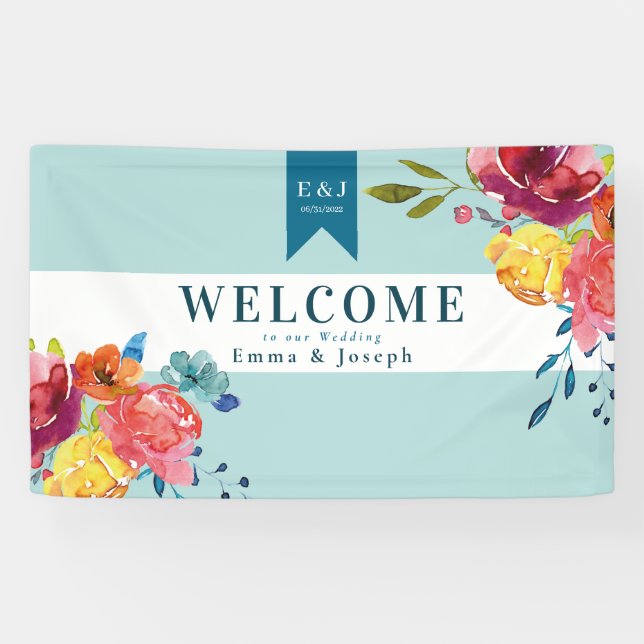 Bright Summer colourful turquoise floral Wedding Banner (Horizontal)