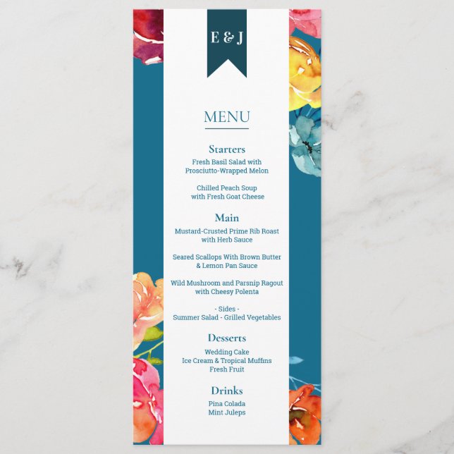 Bright Summer colourful Wedding Flat Menu (Front)