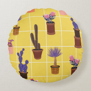 Bright summer cute Cactus in many kind of pots on Round Cushion
