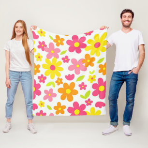 Bright Summer Floral Retro Pink and Yellow Pattern Fleece Blanket
