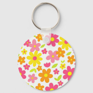 Bright Summer Floral Retro Pink and Yellow Pattern Key Ring