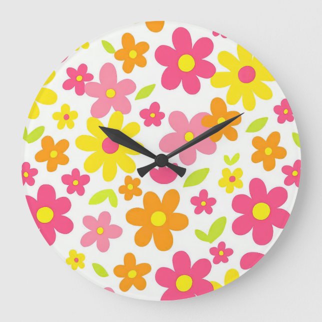 Bright Summer Floral Retro Pink and Yellow Pattern Large Clock (Front)