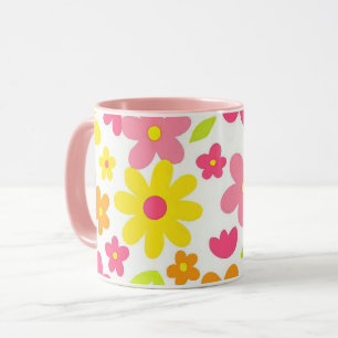 Bright Summer Floral Retro Pink and Yellow Pattern Mug