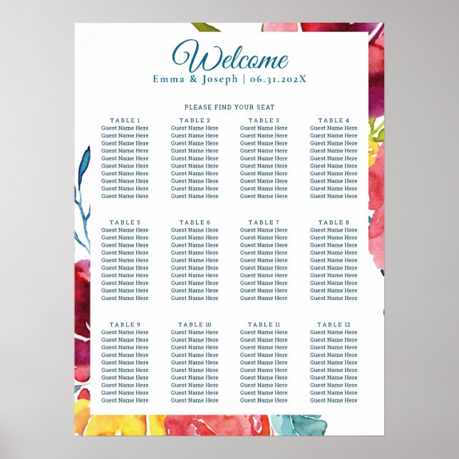 Bright Summer floral Wedding Seating Chart (Front)