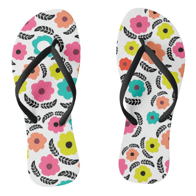 Bright Summer Flowers and Black Leaf Pattern Thongs (Footbed)