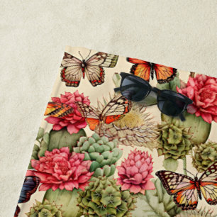  Bright summer pattern with butterflies and cacti  Beach Towel