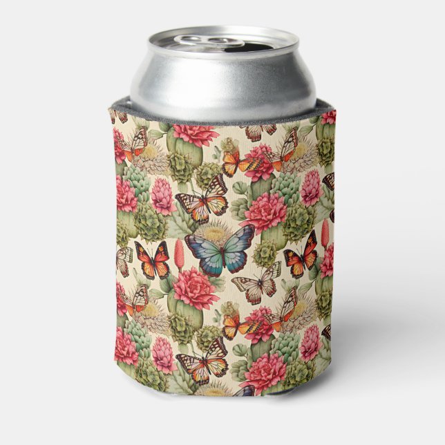  Bright summer pattern with butterflies and cacti  Can Cooler (Can Back)
