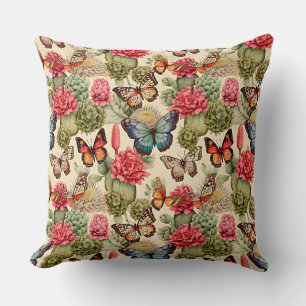 Bright summer pattern with butterflies and cacti  Cushion