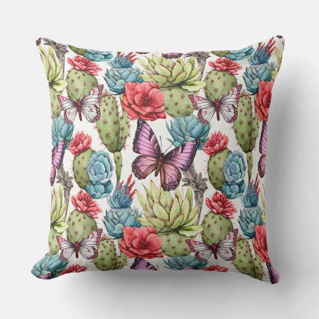  Bright summer pattern with butterflies and cacti  Cushion (Front)