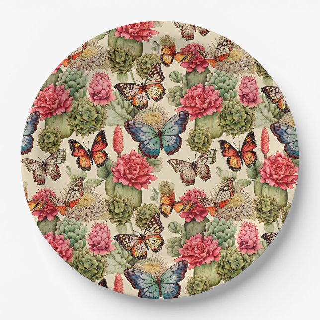  Bright summer pattern with butterflies and cacti  Paper Plate (Front)