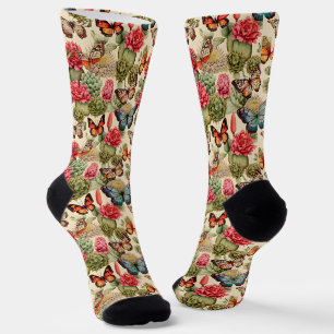 Bright summer pattern with butterflies and cacti Socks