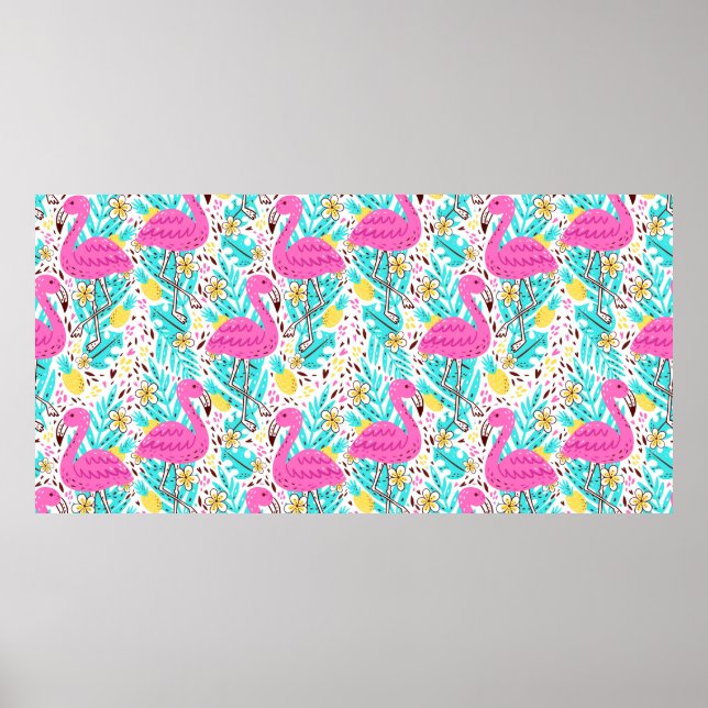 Bright summer pattern with flamingo, hearts, ice-c poster (Front)