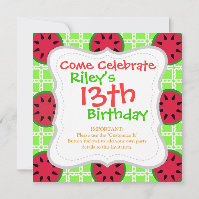 Bright Summer Picnic Watermelons on Green Squares Invitation (Front)