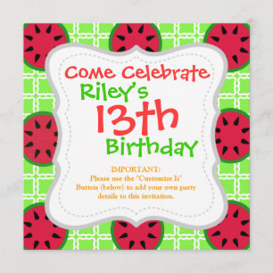 Bright Summer Picnic Watermelons on Green Squares Invitation