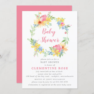 Bright Summer Pink Floral Watercolor Baby Shower Invitation