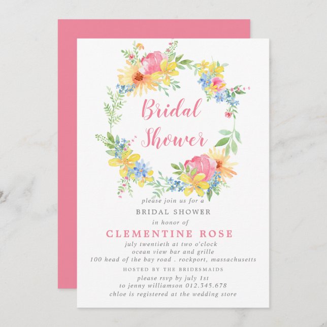 Bright Summer Pink Floral Watercolor Bridal Shower Invitation (Front/Back)