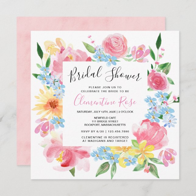 Bright Summer Pink Floral Watercolor Bridal Shower Invitation (Front/Back)