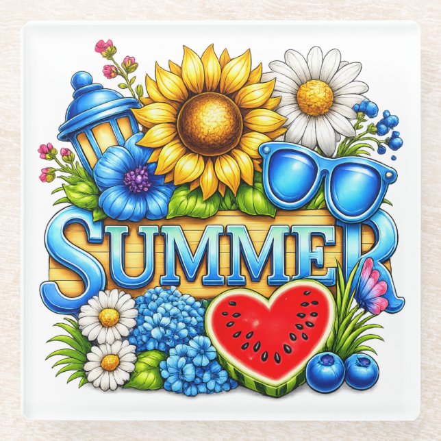 BRIGHT SUMMER THEMED SCENE GLASS COASTER (Front)