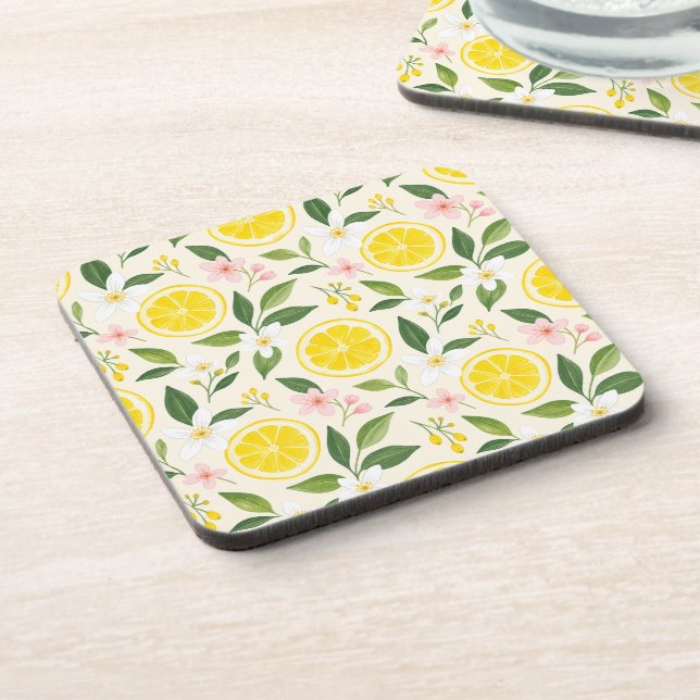 Bright Summer Yellow Lemon Slices and Flowers Coaster (Left Side)