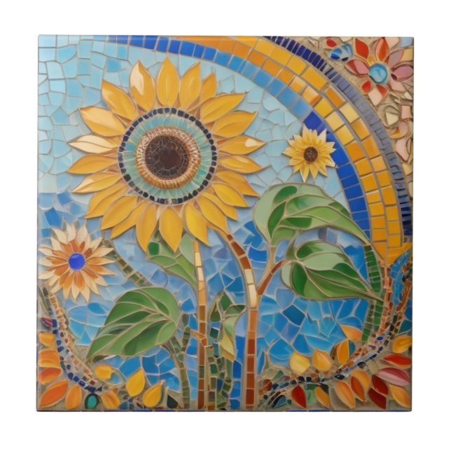 Bright Summery Sunflower Faux Mosaic Sky Blue Ceramic Tile (Front)