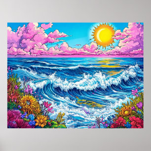 Bright sun illuminating the ocean waves poster