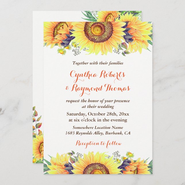 Bright Sunflower Bouquet Rustic Chic Wedding Invitation (Front/Back)