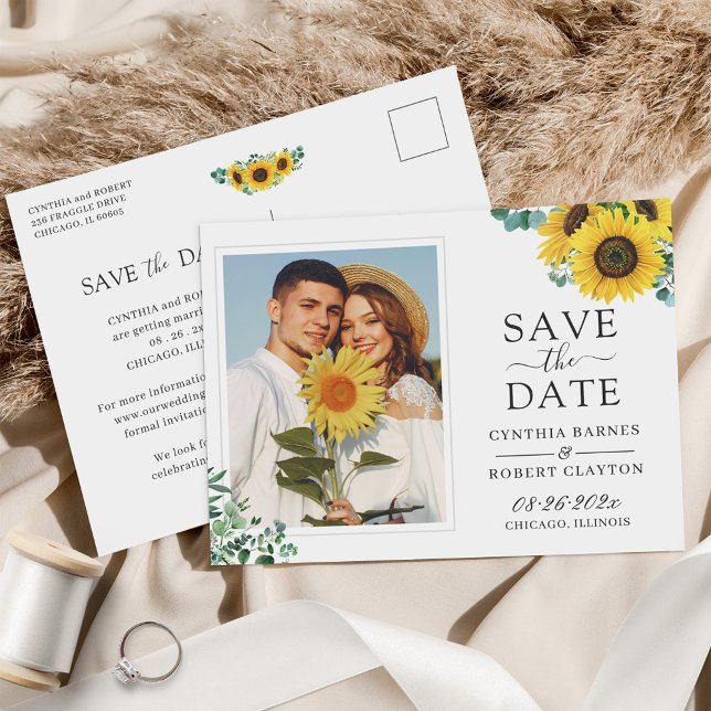 Bright Sunflower Elegant Photo Save the Date Postcard (Creator Uploaded)