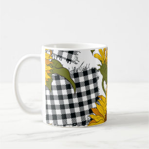 Bright sunflower flowers on checkered patches. Sea Coffee Mug