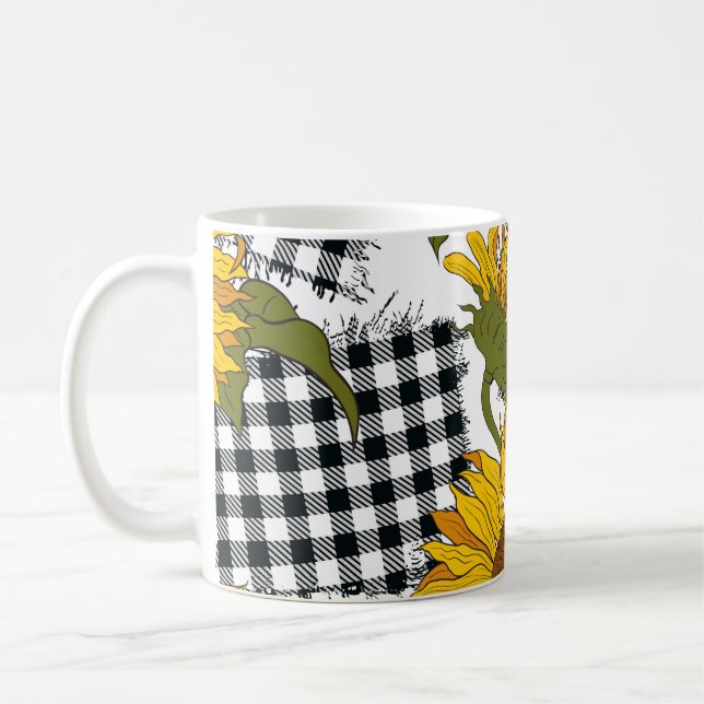 Bright sunflower flowers on checkered patches. Sea Coffee Mug (Left)