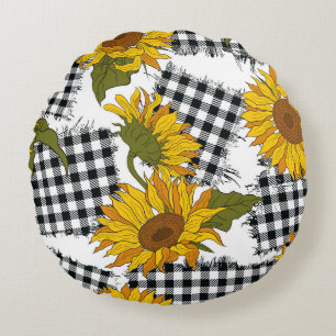 Bright sunflower flowers on checkered patches. Sea Round Cushion