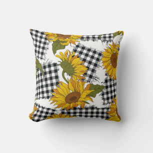 Bright sunflower flowers on chequered patches. Sea Cushion