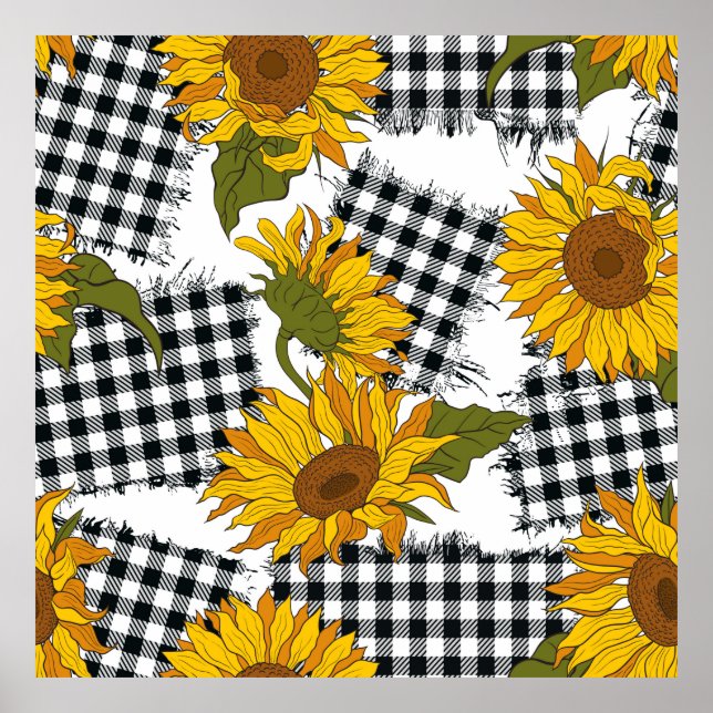 Bright sunflower flowers on chequered patches. Sea Poster (Front)