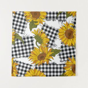 Bright sunflower flowers on chequered patches. Sea Tapestry