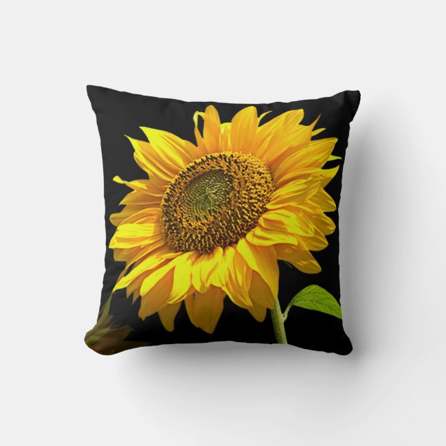 Bright Sunflower on Black Background Cushion (Front)