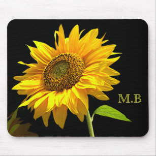 Bright Sunflower on Black Background Mouse Pad
