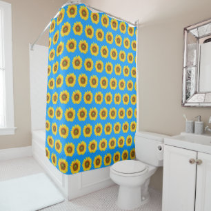 Bright Sunflower Pattern on Blue Shower Curtain