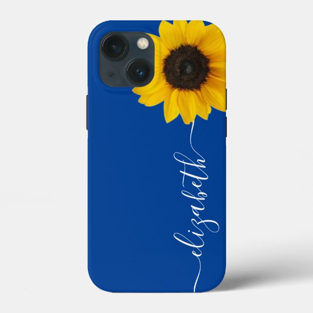 Bright Sunflower Script Stem Name Blue iPhone Case (Back)