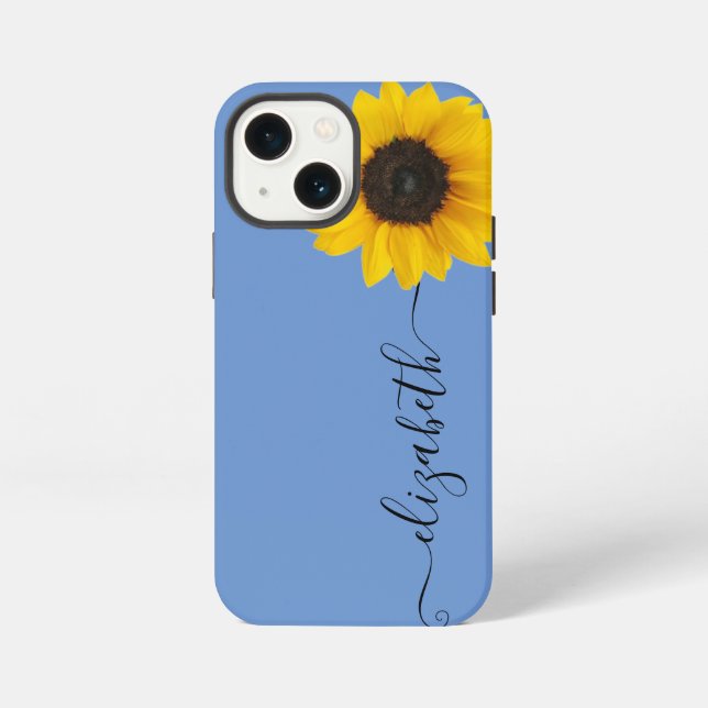 Bright Sunflower Script Stem Name Blue iPhone Case (Back)