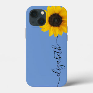 Bright Sunflower Script Stem Name Blue iPhone Case