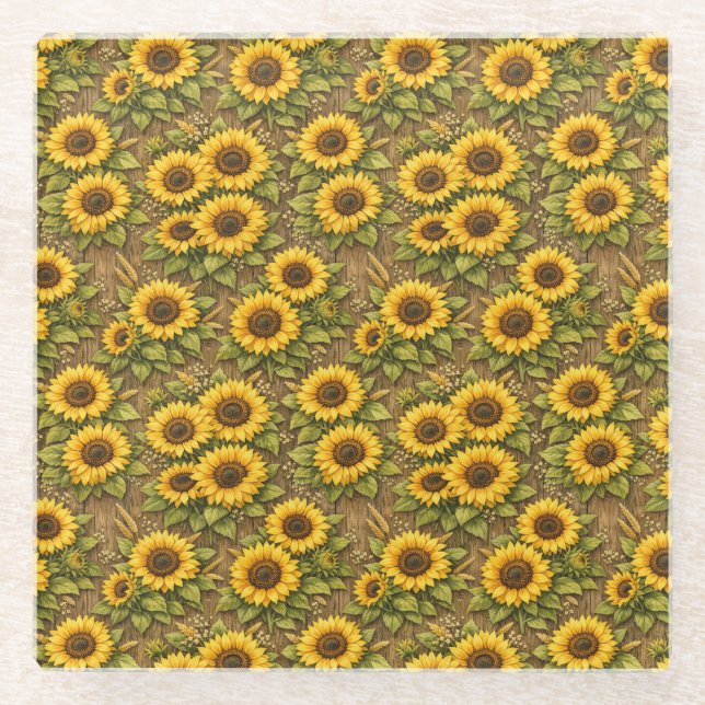 Bright Sunflower Seamless Repeat Pattern Glass Coaster (Front)