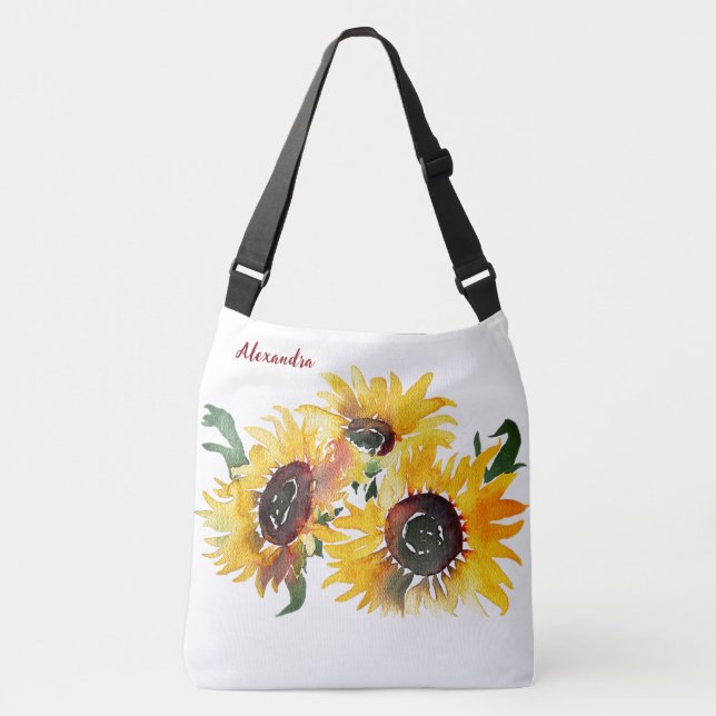 Bright Sunflower Watercolor Fabulous 50 named Crossbody Bag (Front)