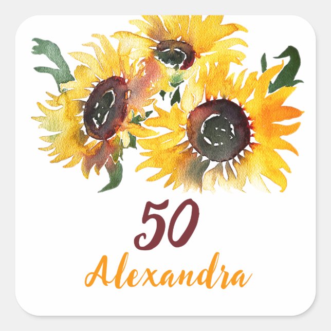 Bright Sunflower Watercolor Fabulous 50 Square Sticker (Front)