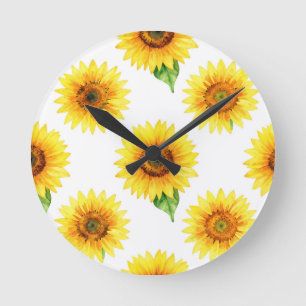 Bright Sunflower Watercolor Seamless Pattern Round Clock