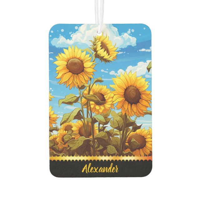 Bright sunflowers bloom under a clear blue sky car air freshener (Back)