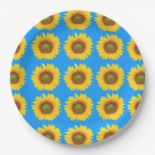 Bright Sunflowers Blue Pattern Paper Plate